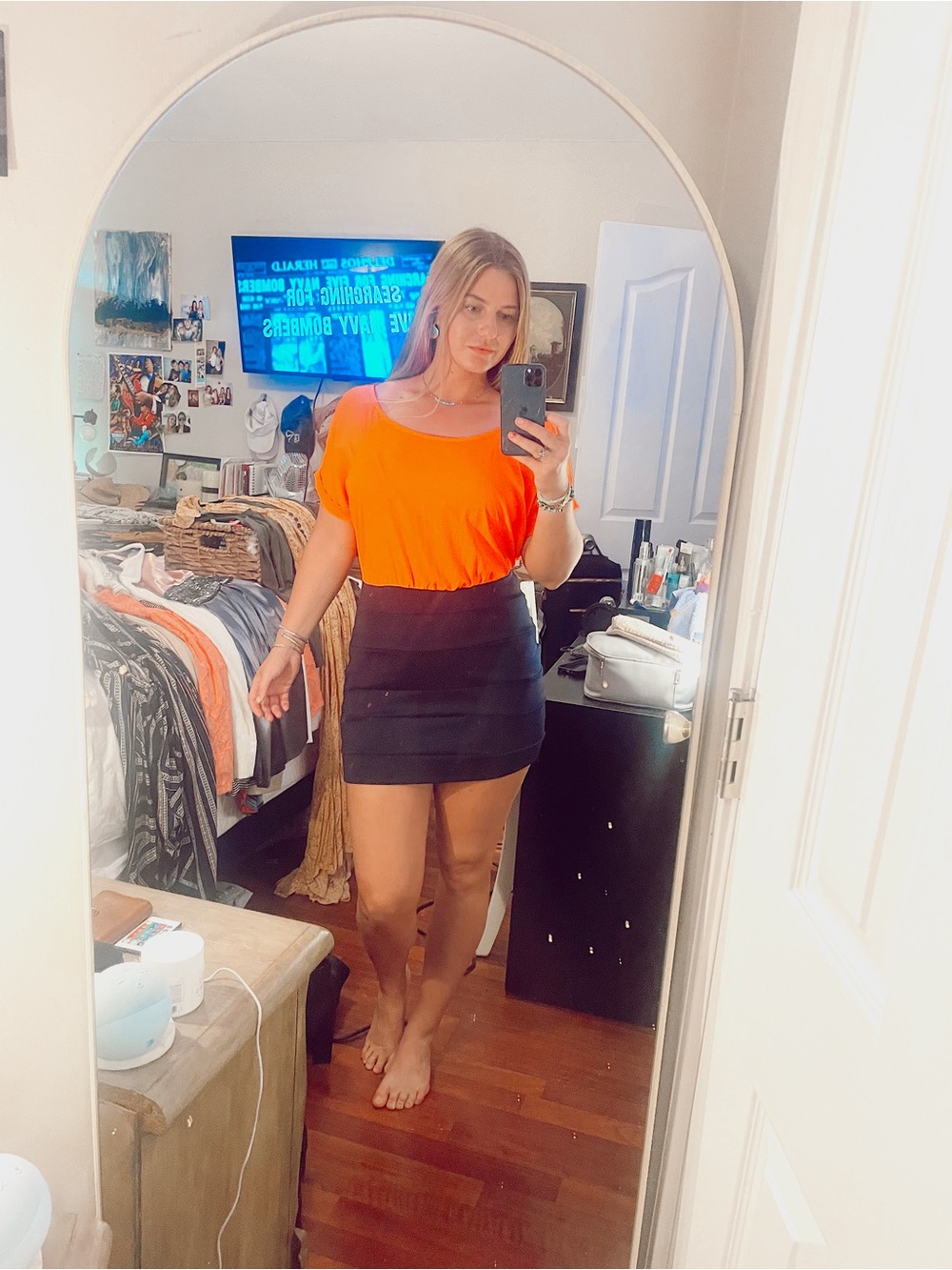 Bright Orange Mini Dress with Black Skirt Panel
